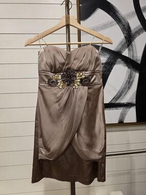 Teeze Me Taupe Strapless Beaded Cocktail Dress